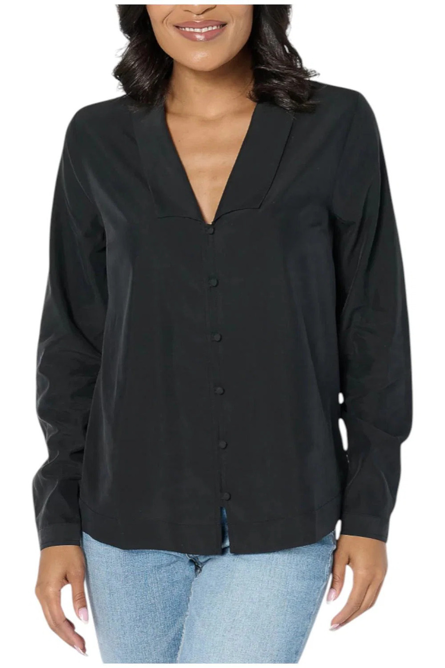 Me by Jennie Garth Emerson Drapey Blouse with Notched Collar Black - Regular